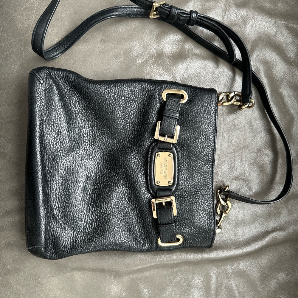Chic Black Leather Shoulder Bag with Gold Accents